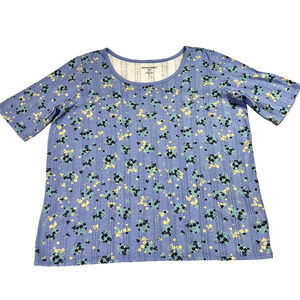 Woman Within Tee Shirt 18 Blue Floral French Ditsy Bouquets Pointelle Scoopneck